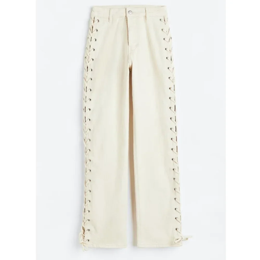 H&M Cream Lace Up Straight High Jeans - 16 - Picture 1 of 12